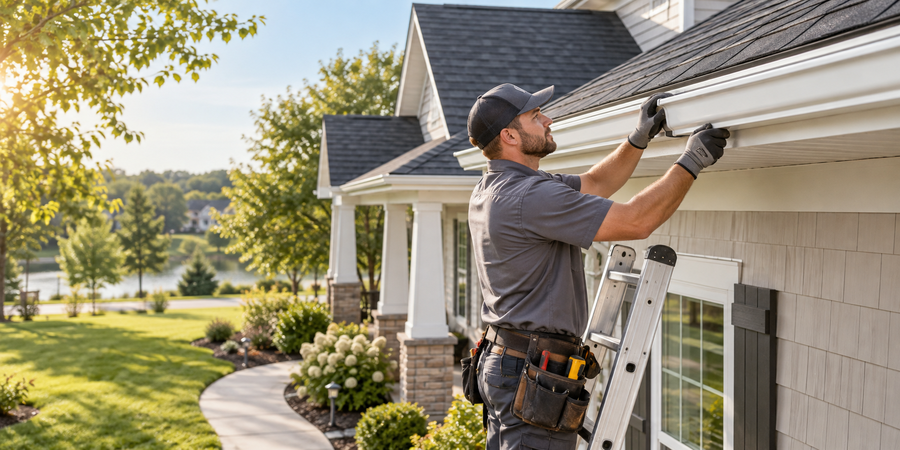 Professional seamless gutter installer fitting a white aluminum gutter on a home